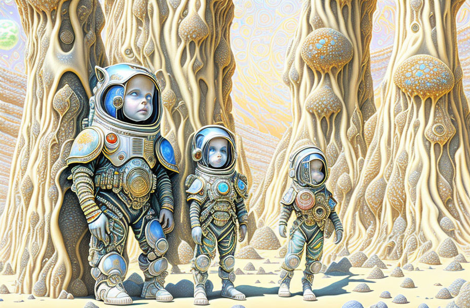 Detailed astronaut suits exploring surreal alien forest with intricate structures