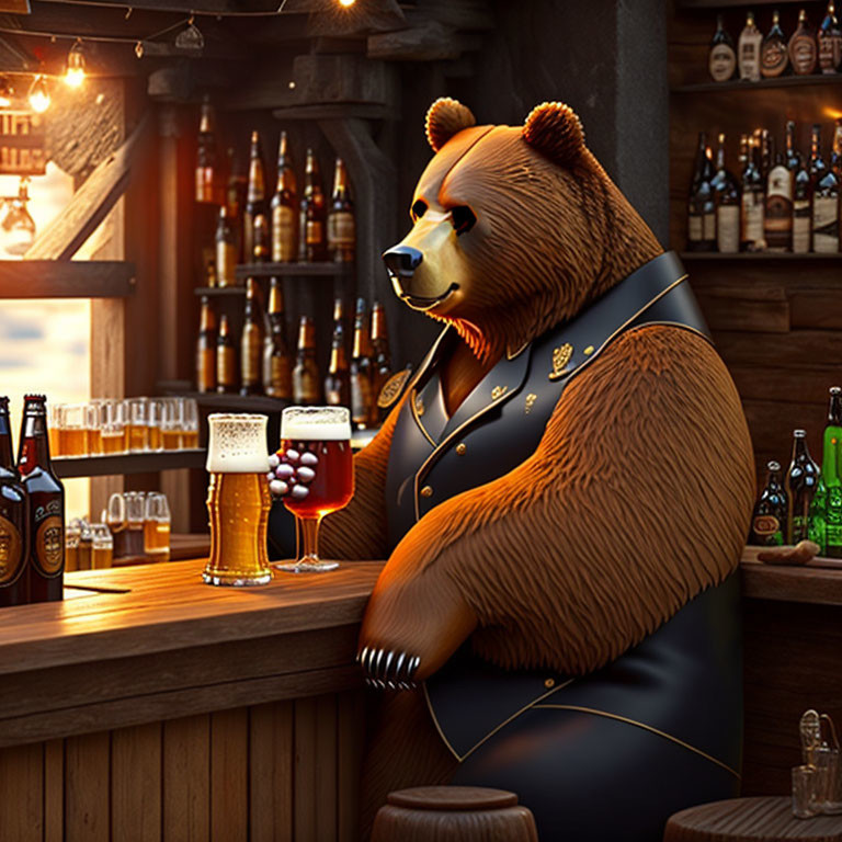 Stylish anthropomorphic bear in suit at bar with wine glass