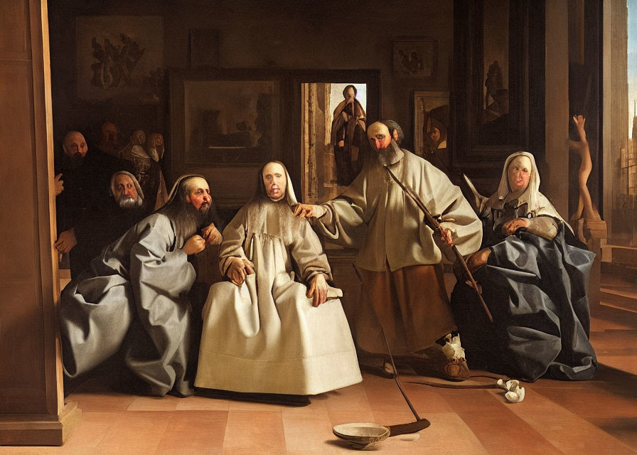 Historic religious painting of six figures in deep conversation