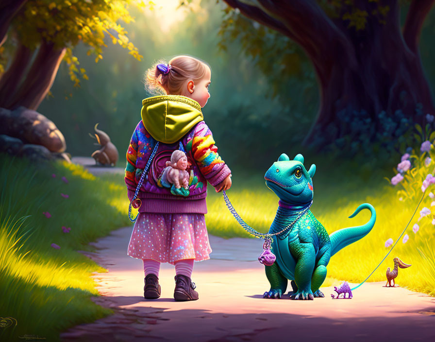 Young girl walks colorful dinosaur with tiny dragon and birds on sunny woodland pathway