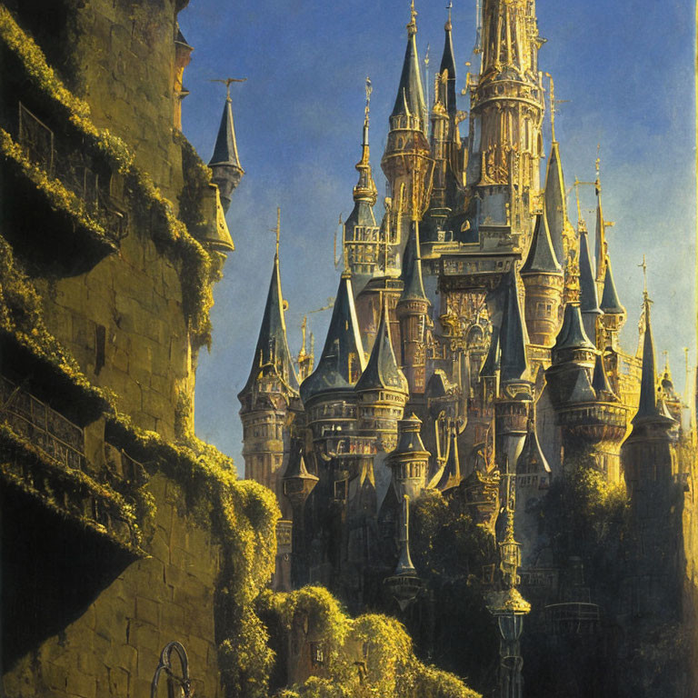 Fantasy Castle with Spires and Towers Against Blue Sky