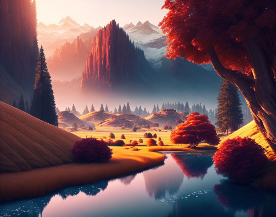 Serene River at Sunrise with Autumn Trees and Snow-Capped Mountains