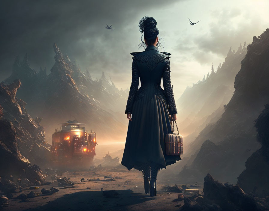 Victorian-era woman in dystopian landscape with flying ships and lit structure