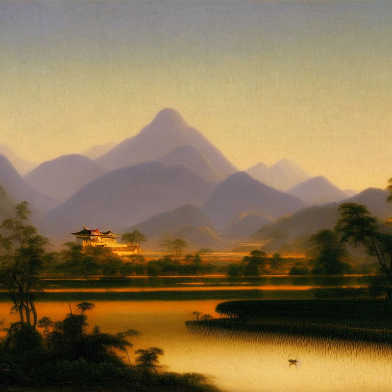 Tranquil lakeside landscape with glowing pagoda, misty mountains, and solitary boat at dusk