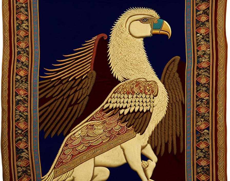 Detailed Golden Eagle Illustration on Blue Background with Ornate Borders